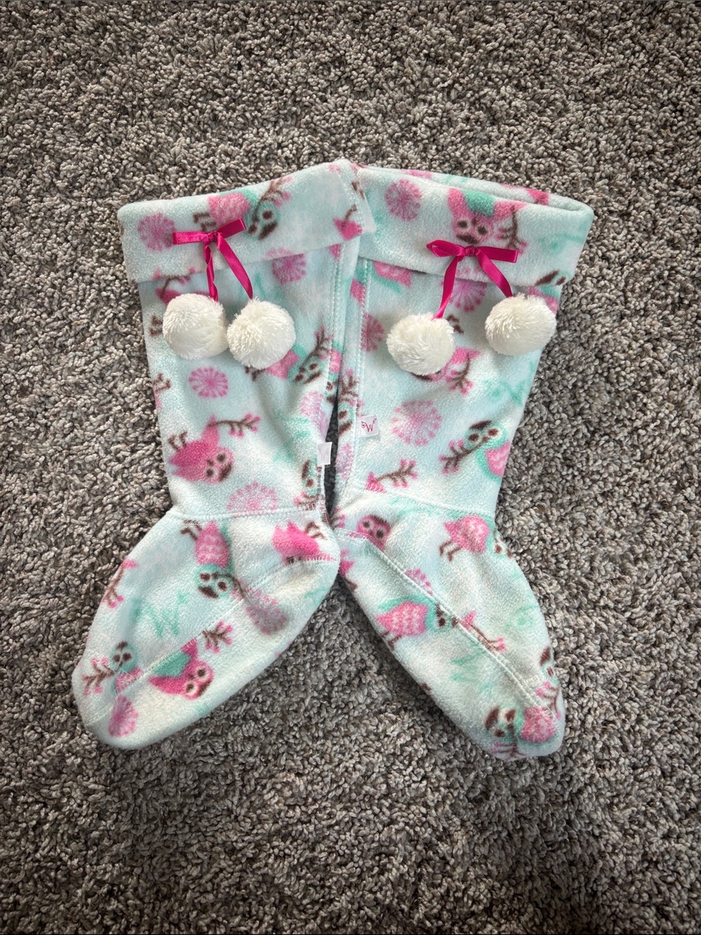 American Girl Mint and Pink Owl Fleece Slipper Socks for Wellie Wisher Boots